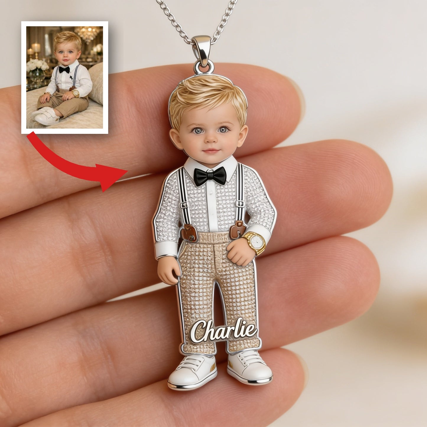 Personalized 2 Year Old Boy Kid Photo Shaped Metal Pendant Necklace, Custom Child Portrait Sentimental Keepsake Jewelry Gift