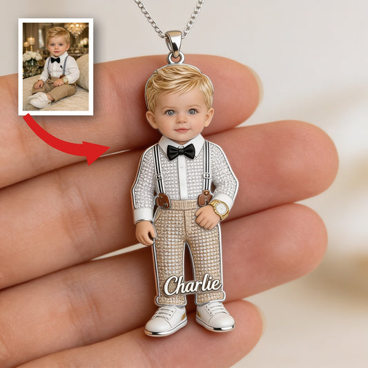 Personalisierte Fotoform Metallanhänger Halskette für 2-jährige Jungen, individuelles Kindporträt als sentimentales Geschenk