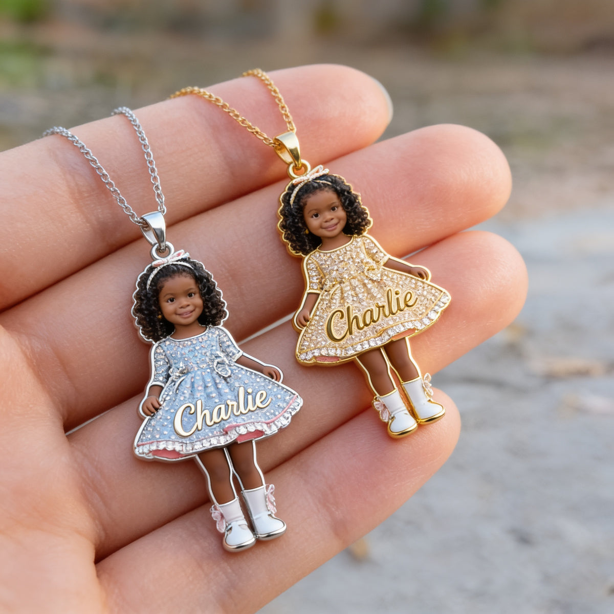 Personalized 3D Kid Portrait Shaped Metal Pendant Necklace, Custom Engraved Name Keepsake Jewelry Gift for 4 Year Old Black Girl