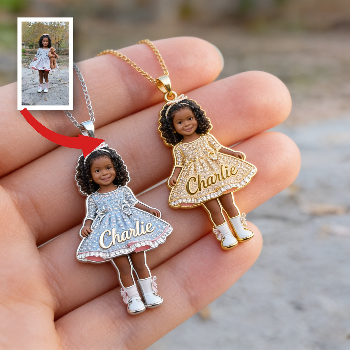 Personalized 3D Kid Portrait Shaped Metal Pendant Necklace, Custom Engraved Name Keepsake Jewelry Gift for 4 Year Old Black Girl