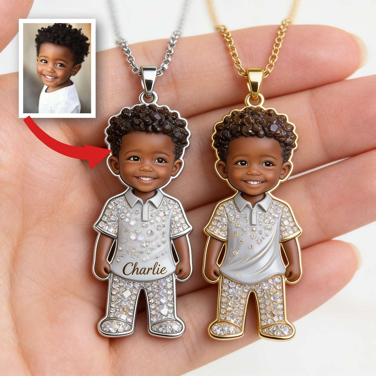 Personalized Custom Black Kid Portrait Metal Pendant Necklace, Engraved Name Child Keepsake Jewelry Gift for Family and Parents