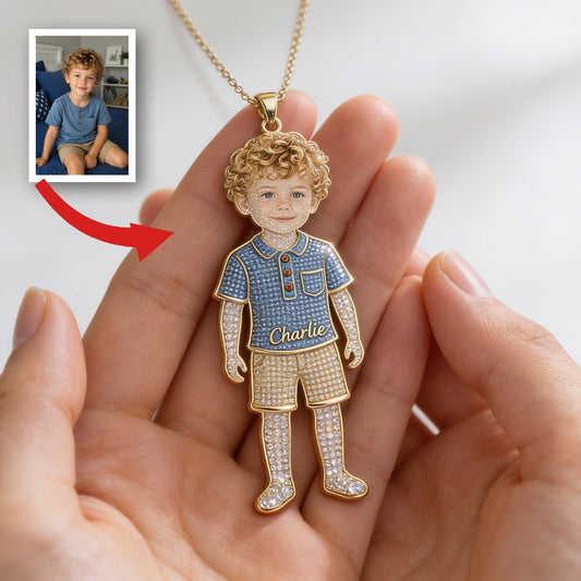 Personalized Custom Kid Portrait Shaped Metal Pendant Necklace, Sentimental Keepsake Jewelry Gift for Boy