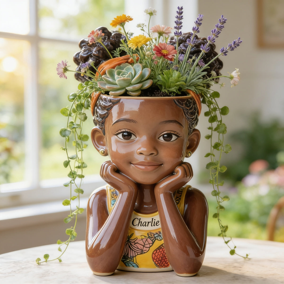 Personalized Custom Child Portrait Acrylic Planter Pot, Custom Name 5 Year Old Black Kid Face Vase for Home Decor and Thoughtful Gifting
