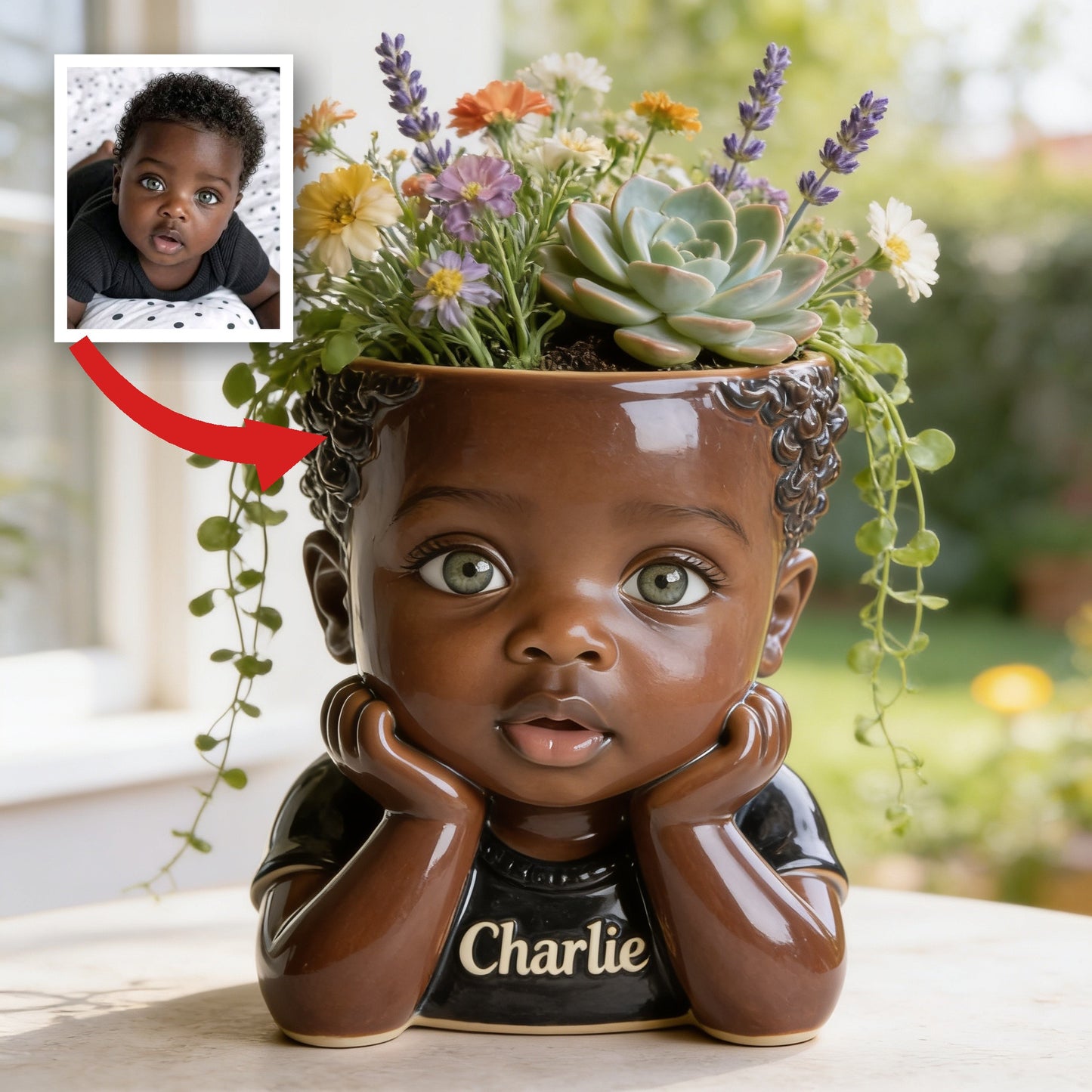Personalized Custom Child Face Acrylic Planter Pot, Custom Name Newborn Black Kid Plant Holder for Home Decor and Thoughtful Gift