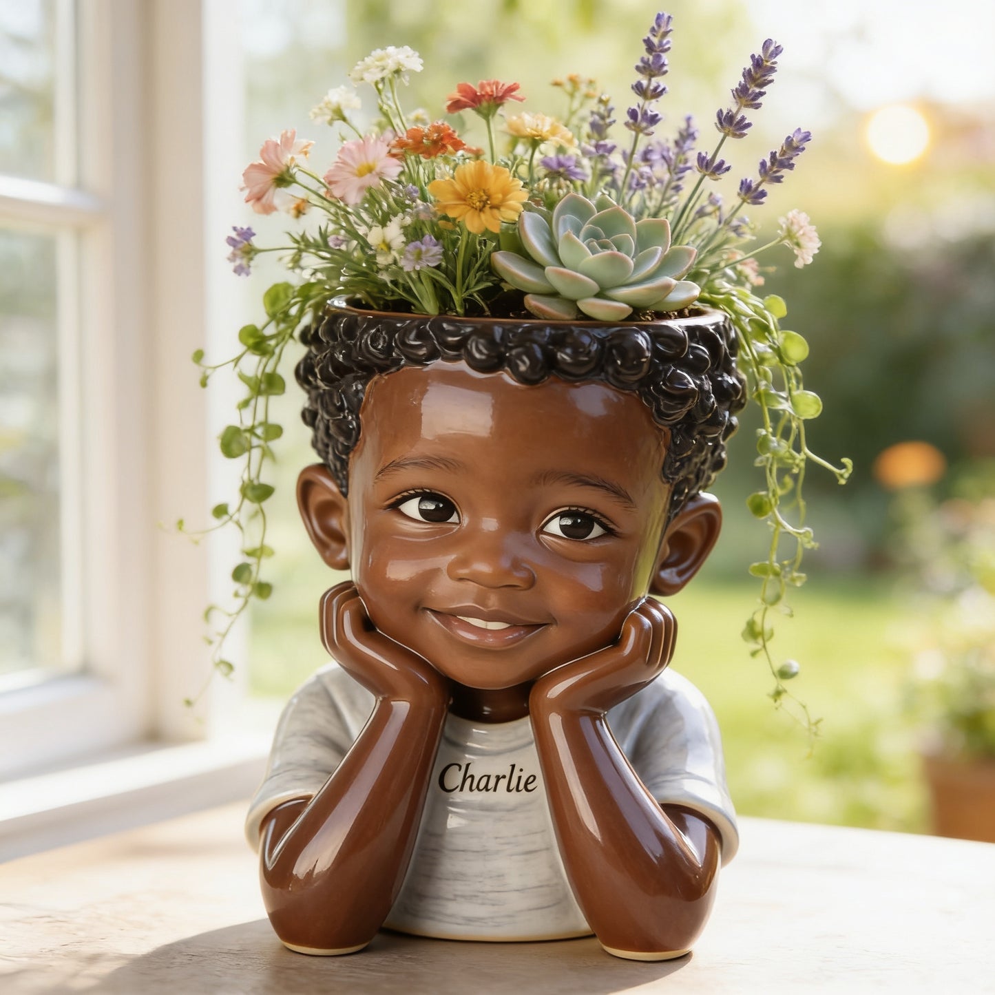 Personalized Custom Child Head Acrylic Planter Pot | Custom Name Cute Black Boy Kid Flower Pot for Home Decor & Gift Giving