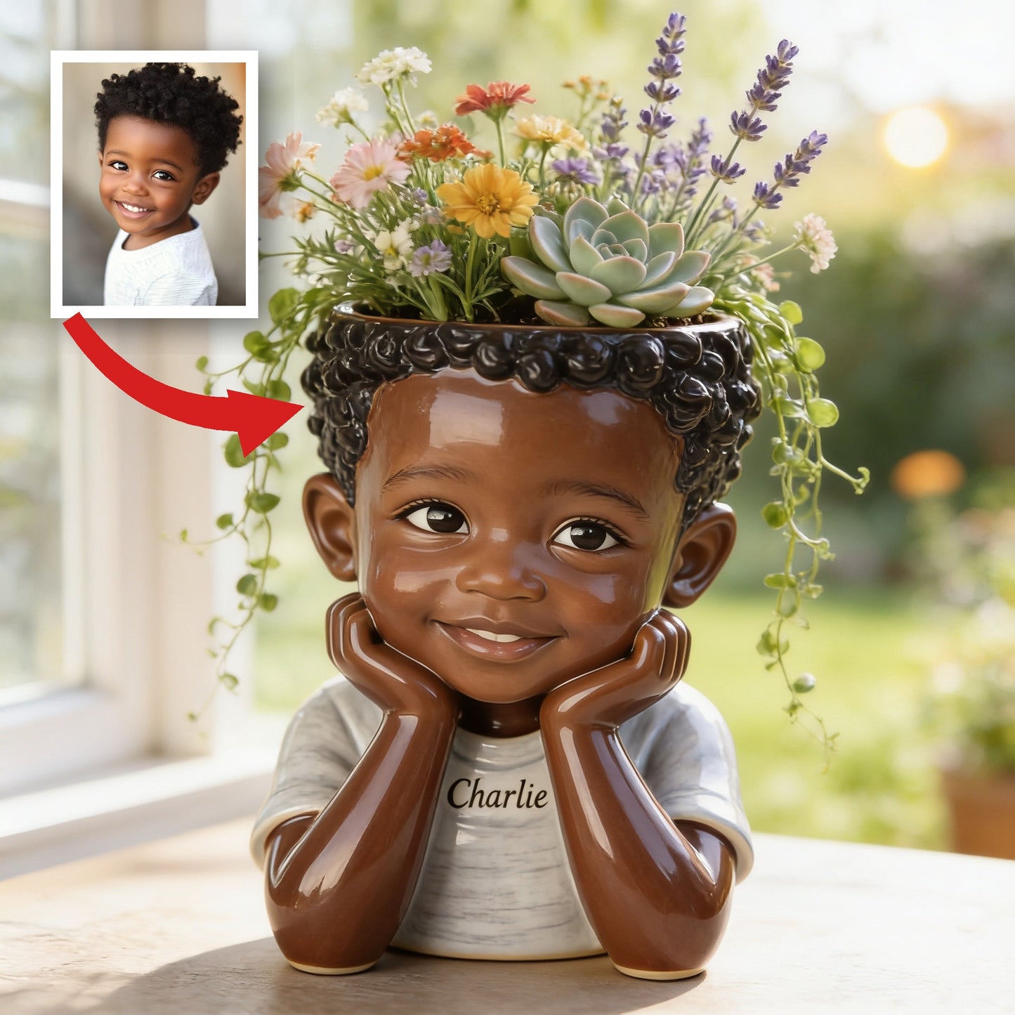 Personalized Custom Child Head Acrylic Planter Pot | Custom Name Cute Black Boy Kid Flower Pot for Home Decor & Gift Giving