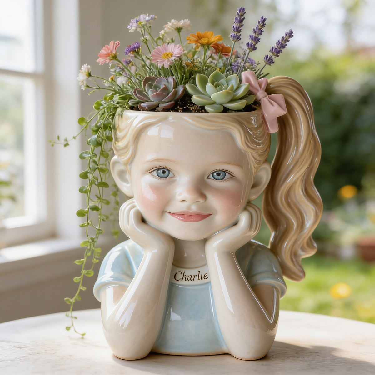 Custom Personalized Little Girl Shaped Acrylic Planter Pot, Cute 3 Year Old Kid Themed Home Decor Gift for Plant Lovers