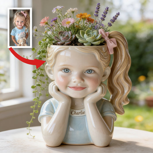 Personalisierter Acryl-Blumentopf in Form eines kleinen Mädchens, süßes Geschenk für Pflanzenliebhaber