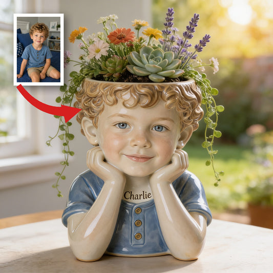 Personalisierter kleiner Junge mit lockigen Haaren 5 Jahre Acryl Blumentopf individuelles Kinderporträt Wohnkultur Andenken Geschenk