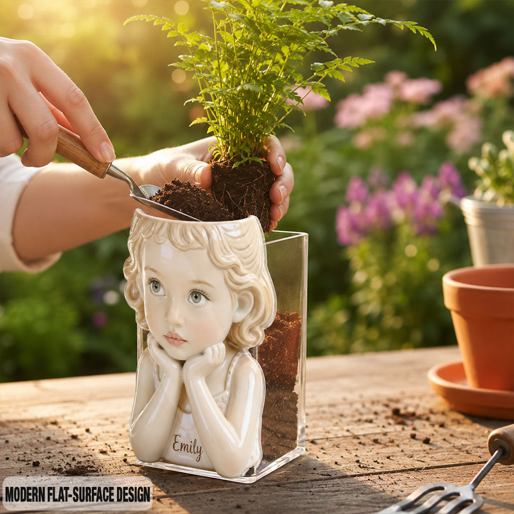 Personalized Curly Haired Little Boy 5 year old Acrylic Planter Pot Custom Child Portrait Home Decor Keepsake Gift