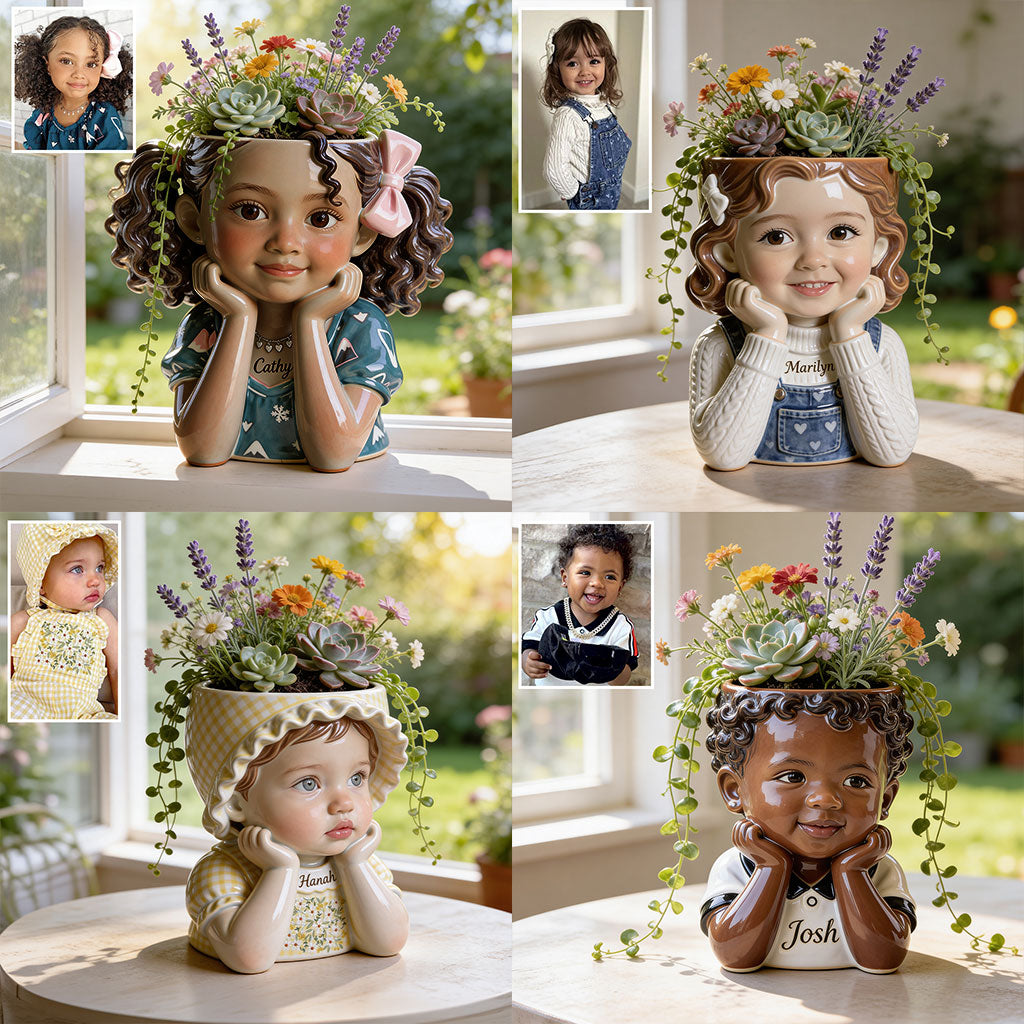 Personalized Curly Haired Little Boy 5 year old Acrylic Planter Pot Custom Child Portrait Home Decor Keepsake Gift