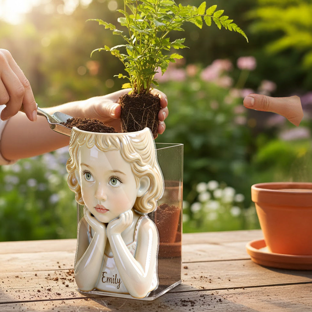 Custom Personalized Little Girl Shaped Acrylic Planter Pot, Cute 3 Year Old Kid Themed Home Decor Gift for Plant Lovers
