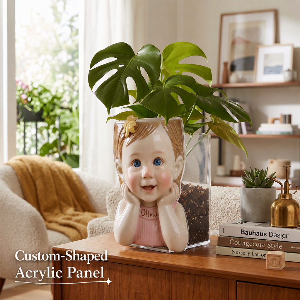 Personalized Custom Child Portrait Acrylic Planter Pot, Custom Name 5 Year Old Black Kid Face Vase for Home Decor and Thoughtful Gifting