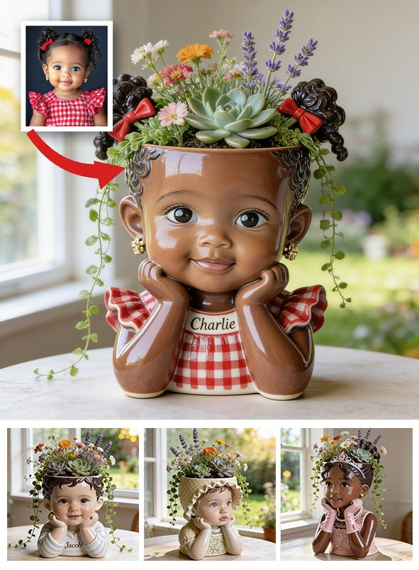 Custom Personalized Curly Haired Child Shaped Acrylic Planter Pot, Custom Name 2 Year Old Black Kid Flower Vase for Home Decor & Meaningful Gifting