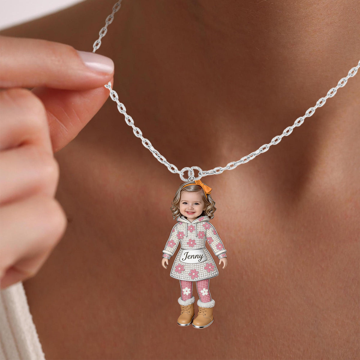Personalized 3D Kid Portrait Shaped Metal Pendant Necklace, Custom Engraved Name Keepsake Jewelry Gift for 4 Year Old Black Girl