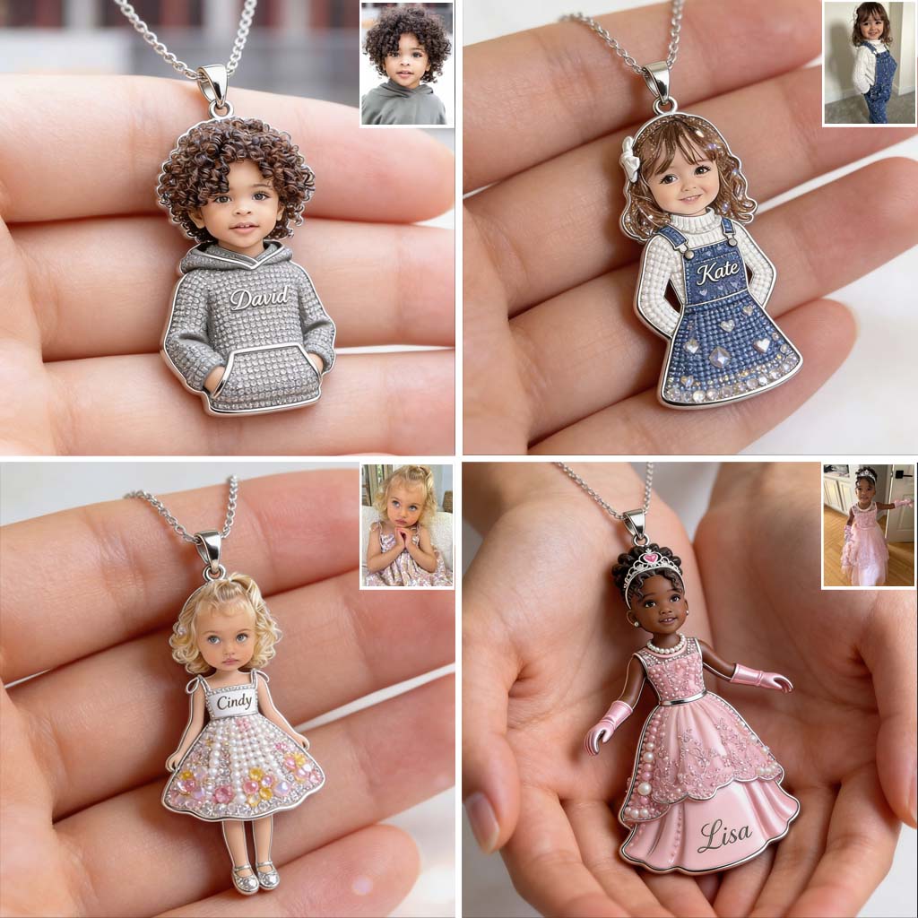 Personalized 3D Kid Portrait Shaped Metal Pendant Necklace, Custom Engraved Name Keepsake Jewelry Gift for 4 Year Old Black Girl