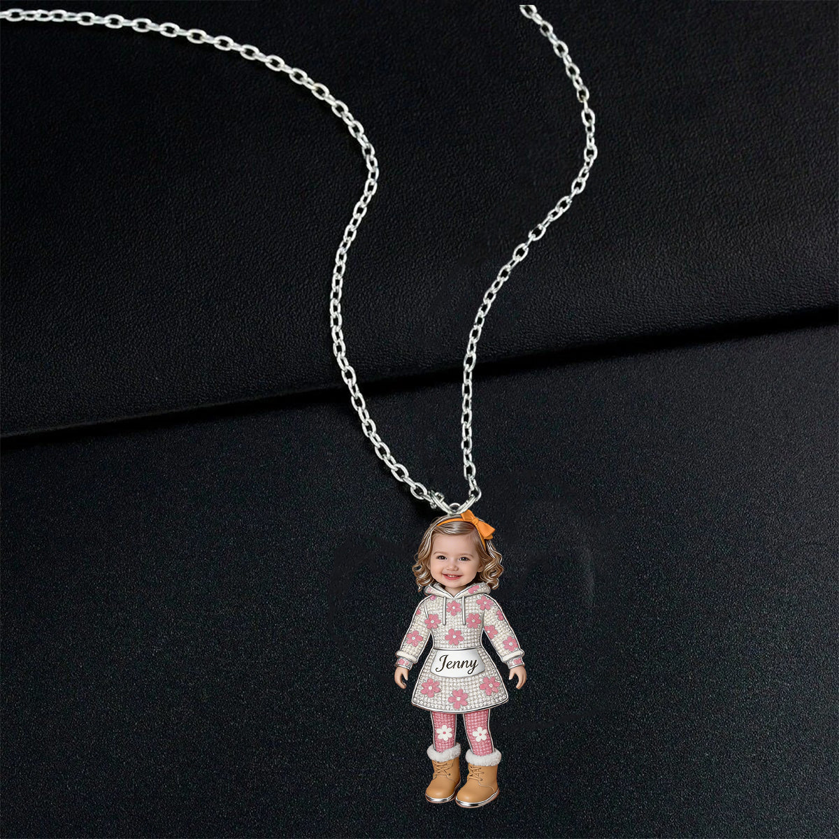 Personalized Custom Black Kid Portrait Metal Pendant Necklace, Engraved Name Child Keepsake Jewelry Gift for Family and Parents
