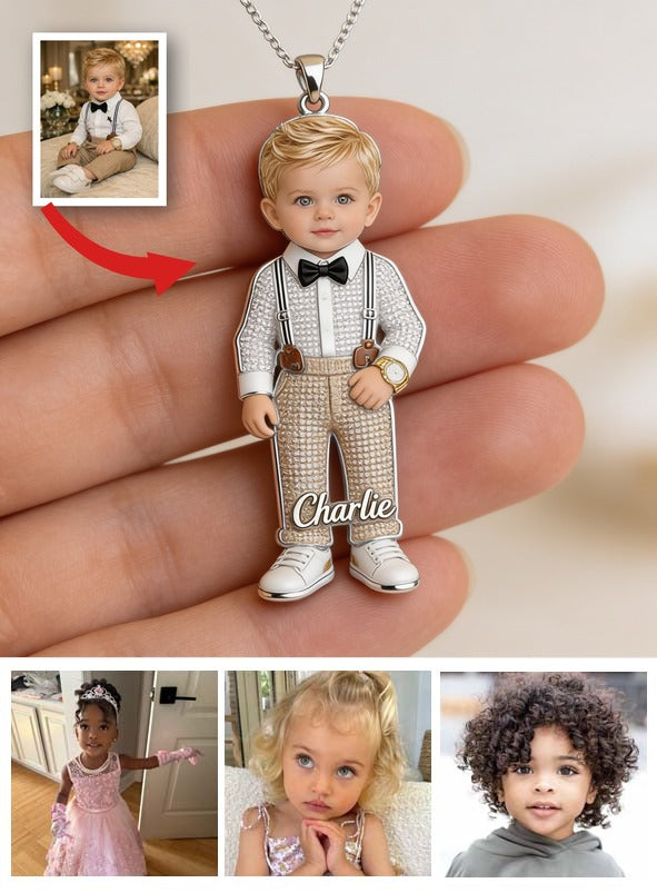 Personalized 2 Year Old Boy Kid Photo Shaped Metal Pendant Necklace, Custom Child Portrait Sentimental Keepsake Jewelry Gift