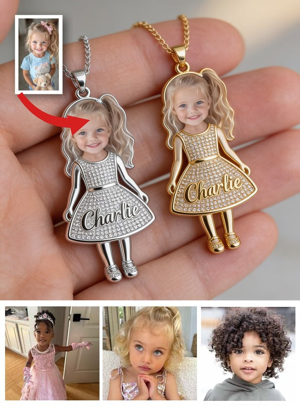 Custom 3D Kid Shaped Rhinestone Inlaid Pendant Necklace Personalized Photo Name Keepsake Gift for 3 Year Old Girl Kid