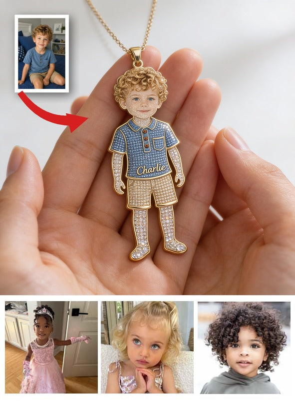 Personalized Custom Kid Portrait Shaped Metal Pendant Necklace, Sentimental Keepsake Jewelry Gift for Boy