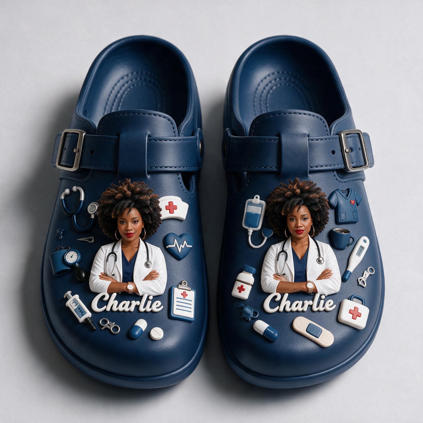 Personalized Black Woman Doctor Life Arch Support Clogs, Custom Navy Medical Work Shoe Gift for Physicians & Healthcare Staff