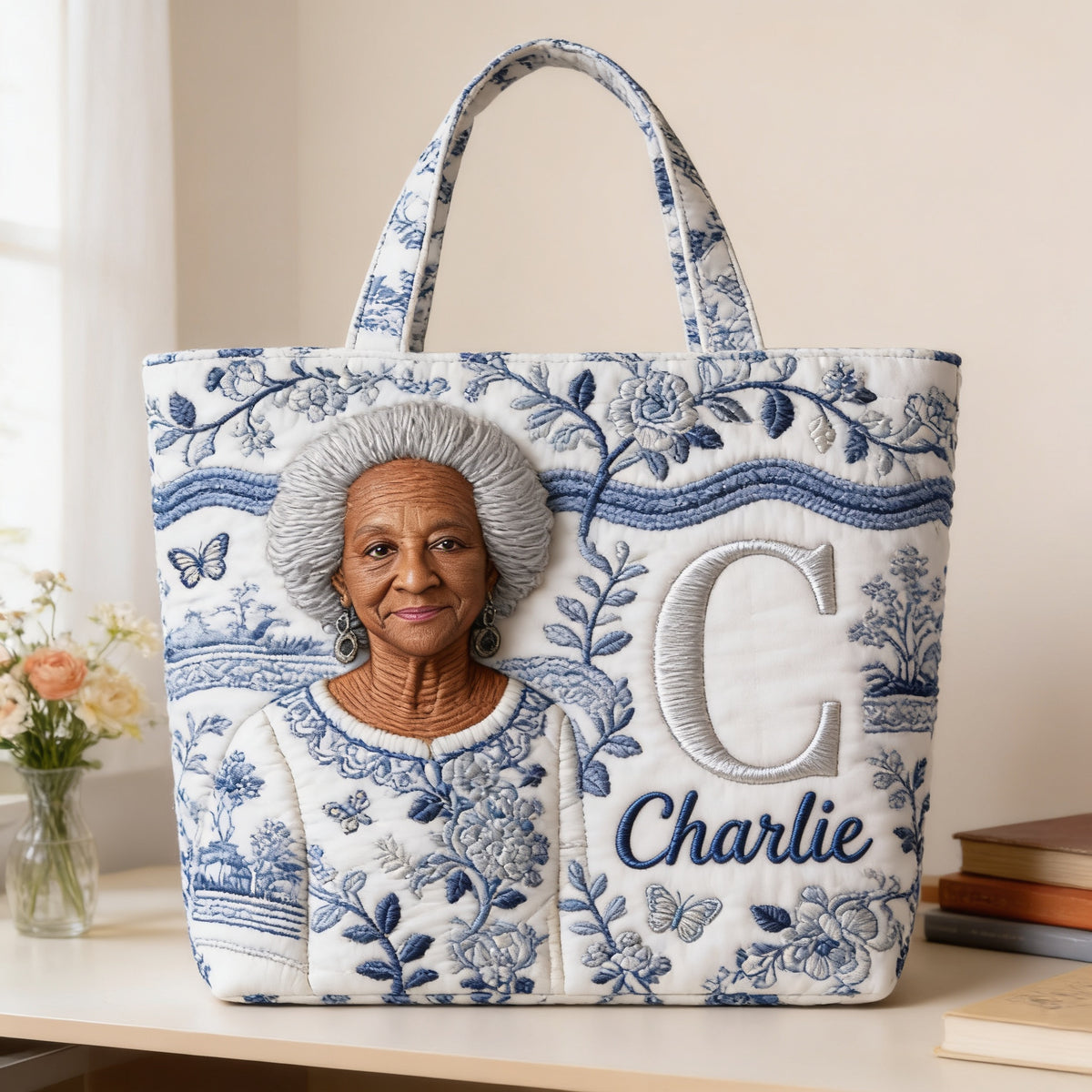 Personalized 3D Embroidered Older Black Woman Portrait Quilted Tote Bag, Custom Monogram Name Gift for Grandma Everyday Use