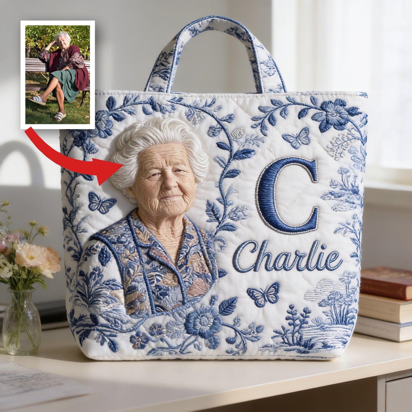 Custom Embroidered Older Woman Portrait Quilted Tote Bag, Personalized Monogrammed Grandma Gift for Everyday Use