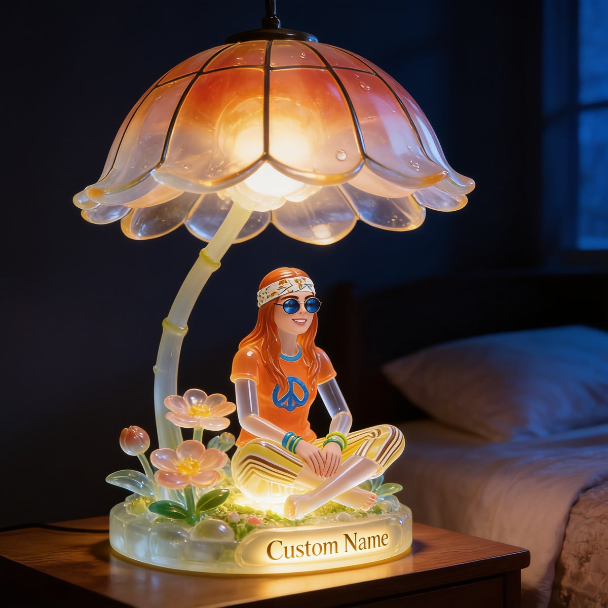 Personalized Hippie Peace Sign Woman Acrylic LED Night Light Custom Name Self Love Bedroom Decor Gift