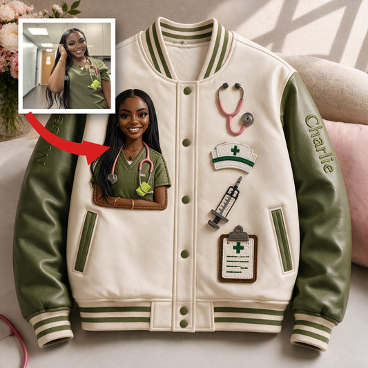 Personalisierte schwarze Varsity-Jacke für Krankenschwestern - Individuelles medizinisches Geschenk für Pflegepersonal