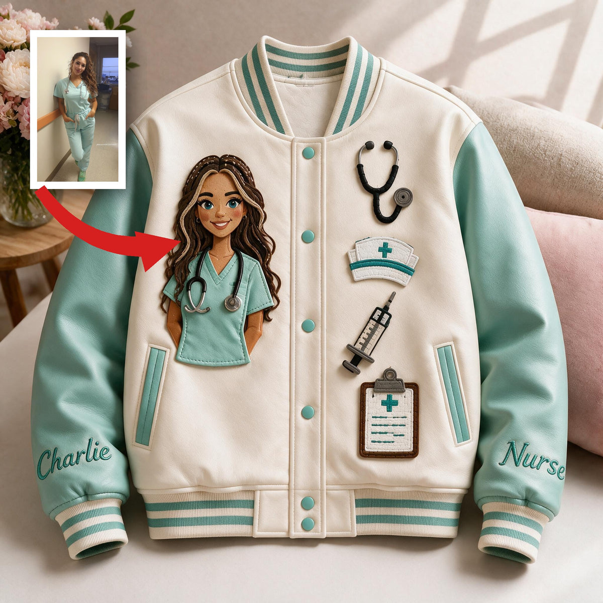 Personalized Latina Nurse Varsity Jacket, Thoughtful Nurse Appreciation Gift For Casual Work & Streetwear Outerwear
