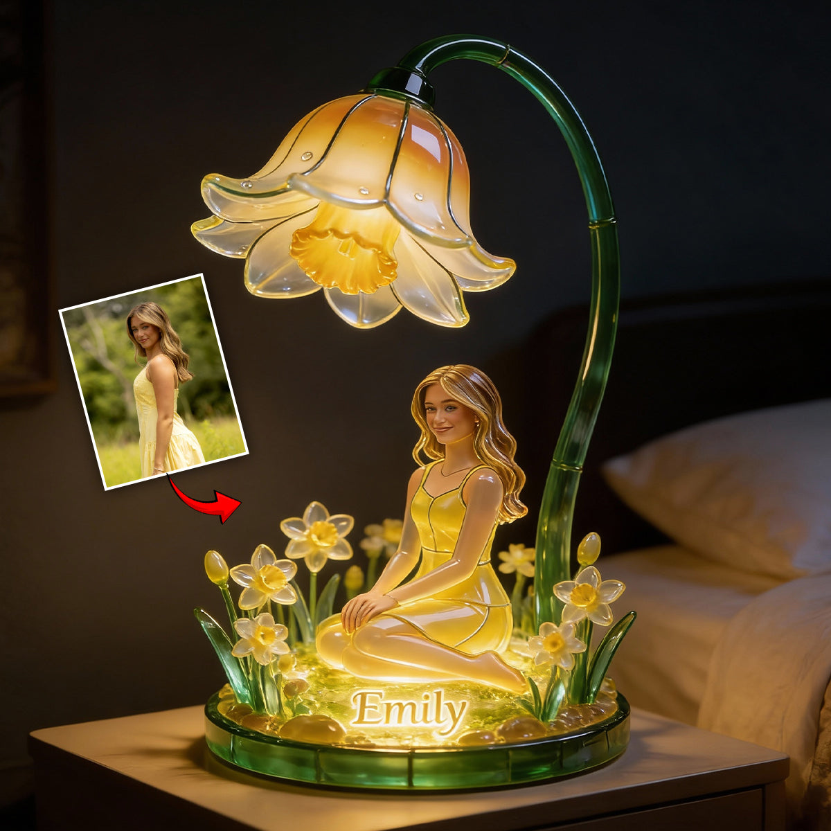 Personalized Smiling Older Woman Custom Name Acrylic LED Night Light, Cozy Warm Bedroom Decor Thoughtful Grandma Gift