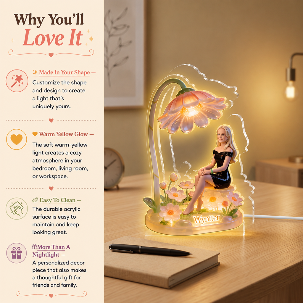 Personalized Hippie Peace Sign Woman Acrylic LED Night Light Custom Name Self Love Bedroom Decor Gift