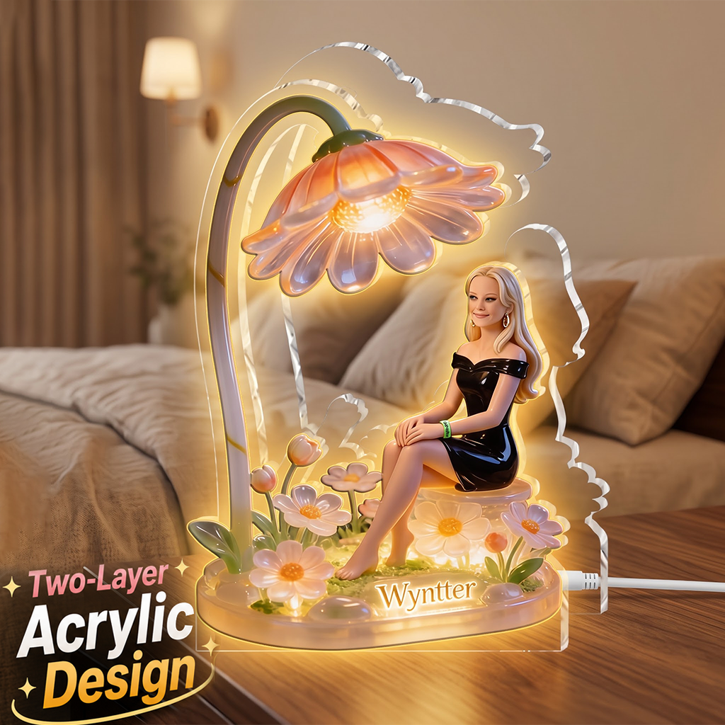 Personalized Custom Name Blonde Braided Girl Floral Acrylic LED Night Light, Cozy Self Love Bedroom Decor Gift