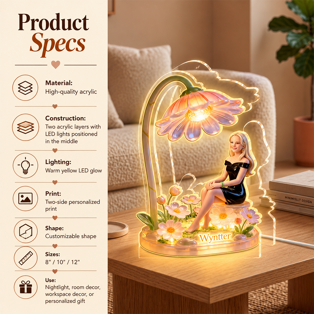 Personalized Hippie Peace Sign Woman Acrylic LED Night Light Custom Name Self Love Bedroom Decor Gift