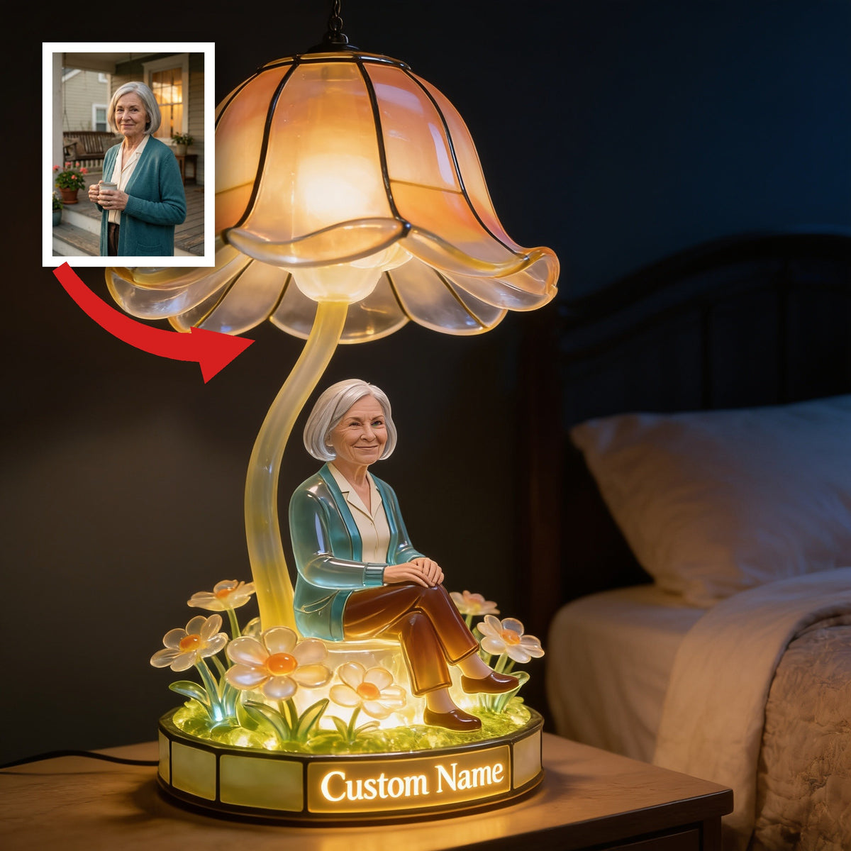 Personalized Smiling Older Woman Custom Name Acrylic LED Night Light, Cozy Warm Bedroom Decor Thoughtful Grandma Gift