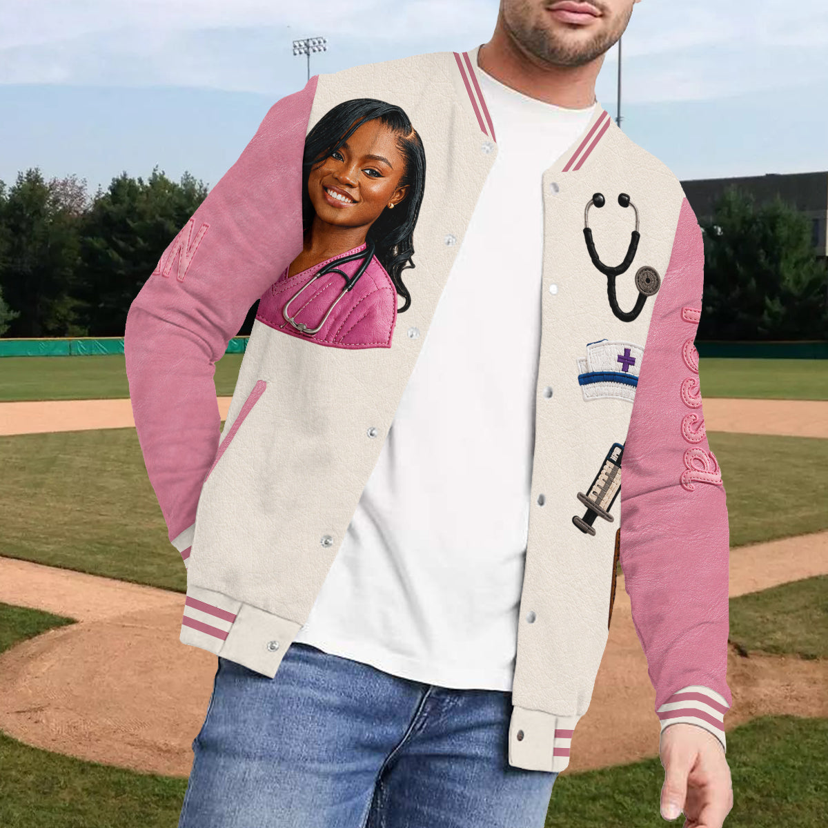 Personalized Latina Nurse Varsity Jacket, Thoughtful Nurse Appreciation Gift For Casual Work & Streetwear Outerwear