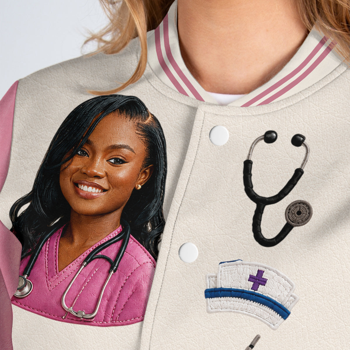 Personalized Male Nurse Caricature Varsity Jacket, Thoughtful Appreciation Gift For RN Nursing Healthcare Staff