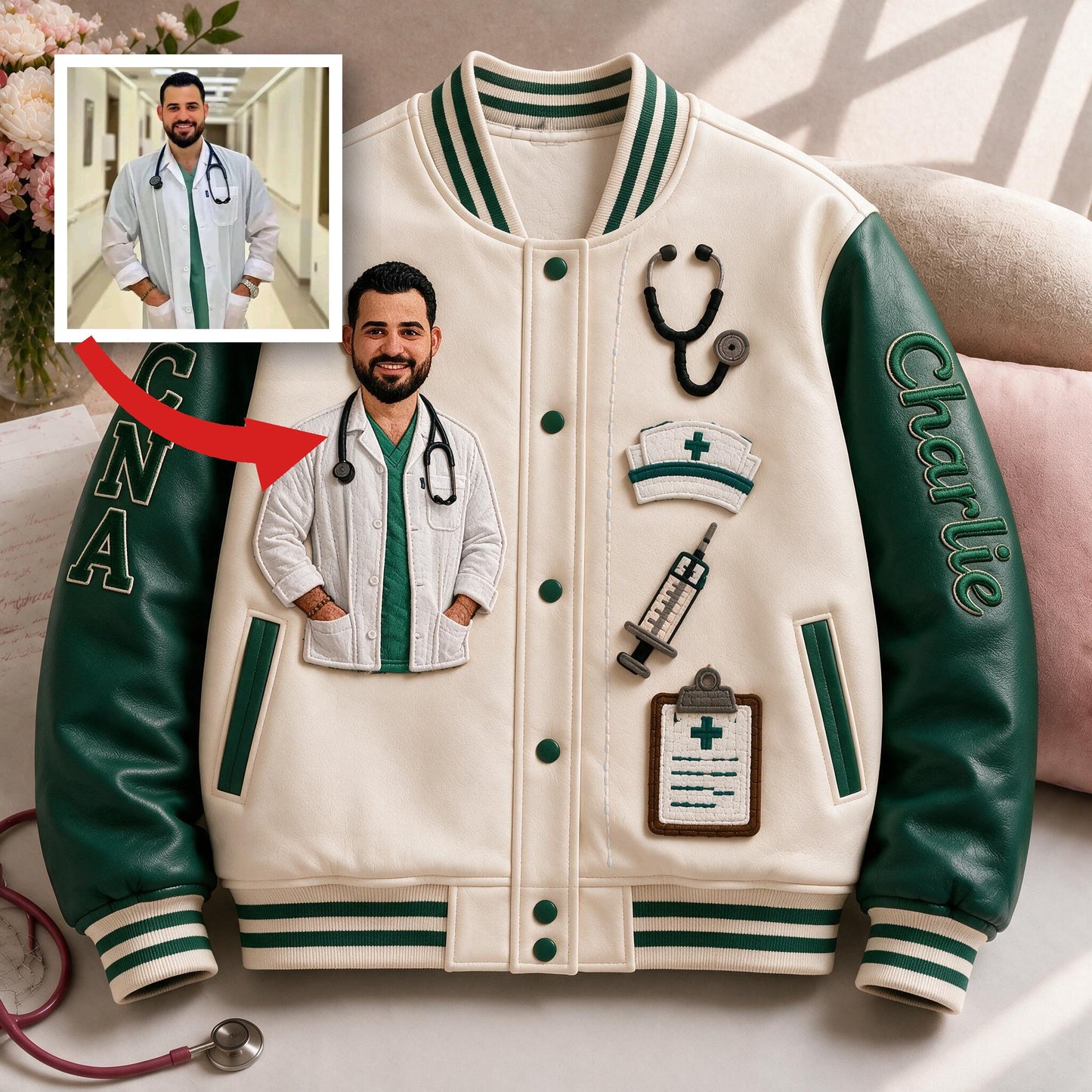 Personalized Male Nurse CNA Varsity Jacket, Custom Embroidered Healthcare Worker Appreciation Gift For Nursing Staff