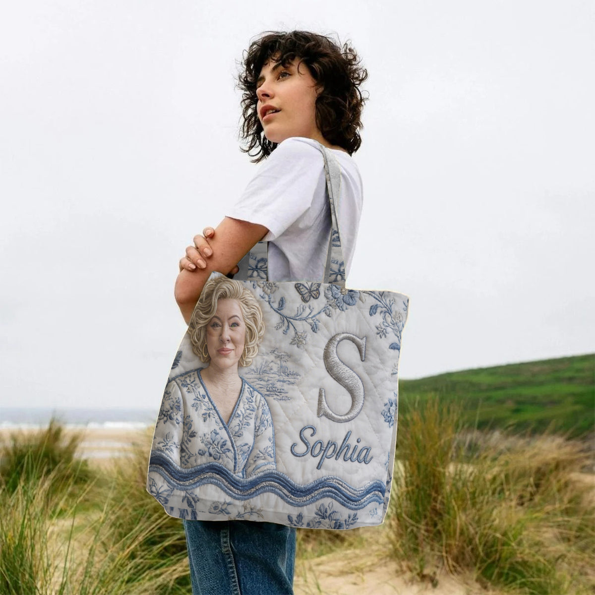Personalized 3D Embroidered Older Black Woman Portrait Quilted Tote Bag, Custom Monogram Name Gift for Grandma Everyday Use