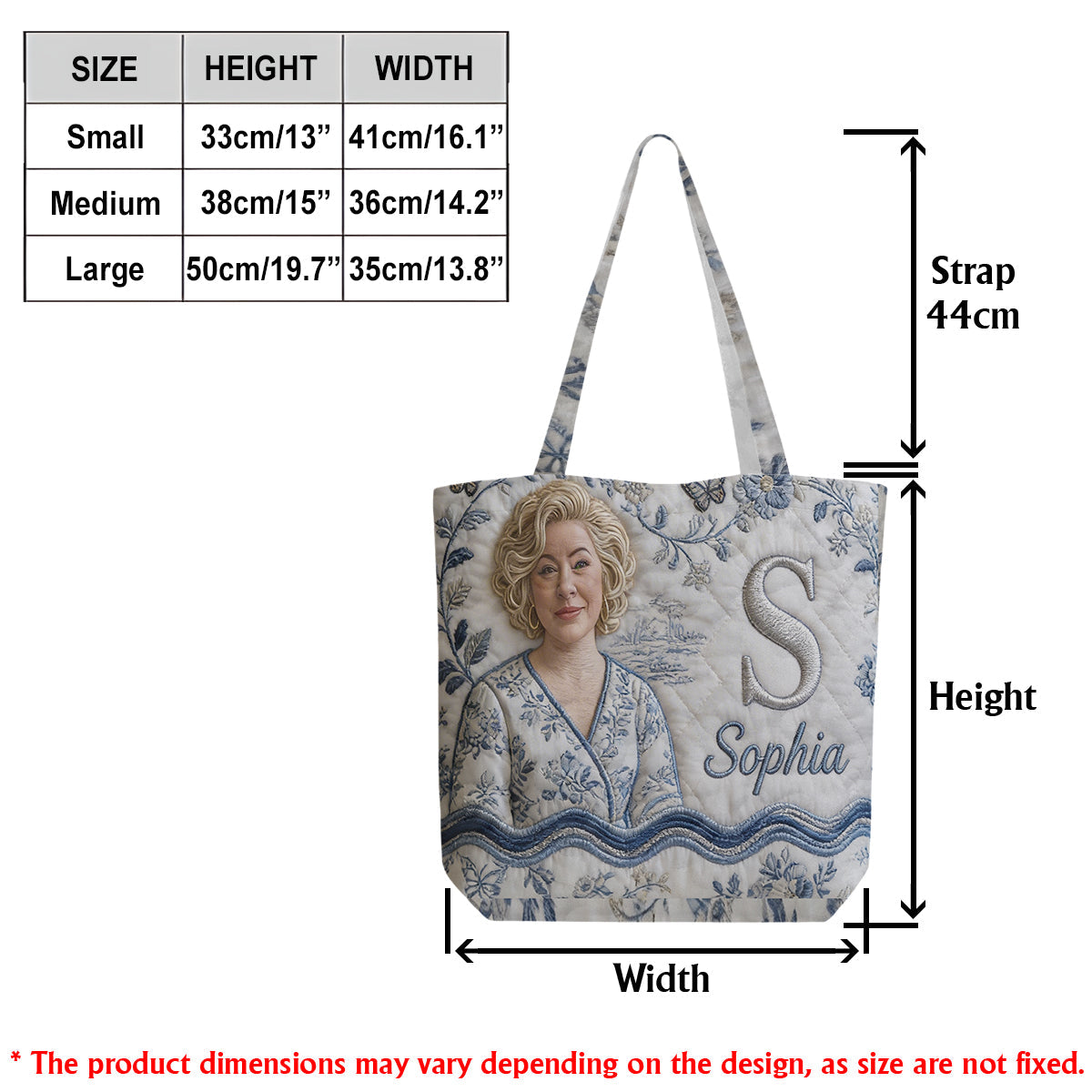 Custom Embroidered Older Woman Portrait Quilted Tote Bag, Personalized Monogrammed Grandma Gift for Everyday Use