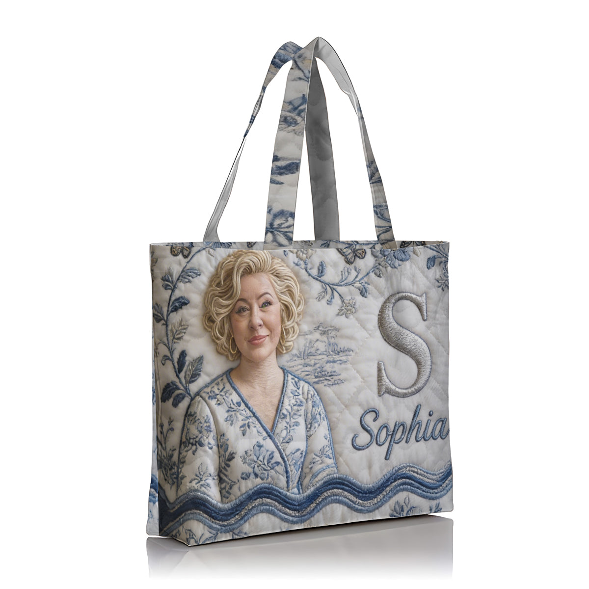 Custom Embroidered Older Woman Portrait Quilted Tote Bag, Personalized Monogrammed Grandma Gift for Everyday Use