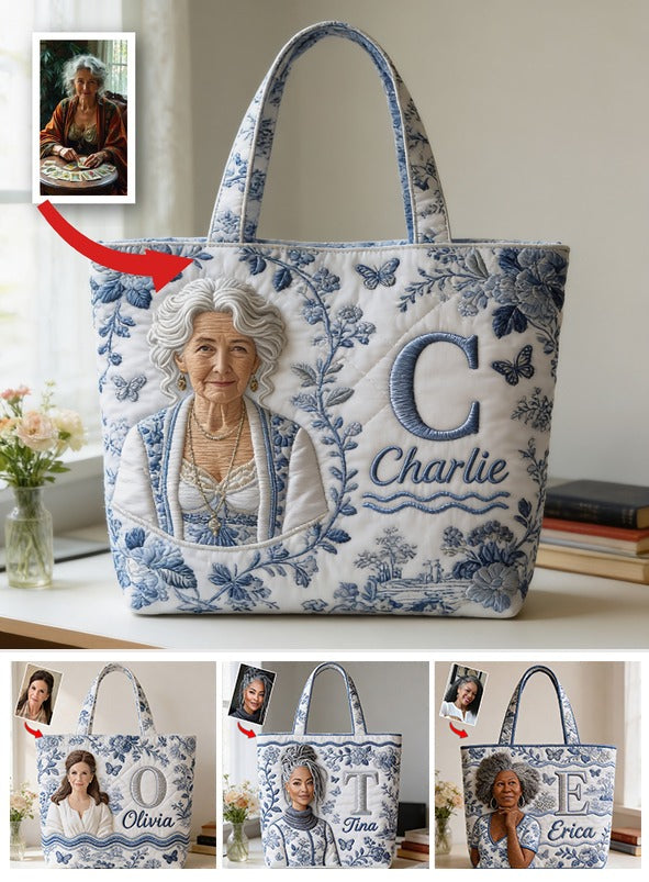 Custom Embroidered Latina Woman Portrait Quilted Tote Bag, Personalized Name Sentimental Gift for Grandma for Everyday Use