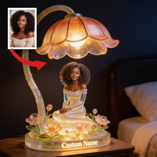 Personalisierte LED Nachtlampe mit schwarzem Mädchen und Blumen - Geschenk