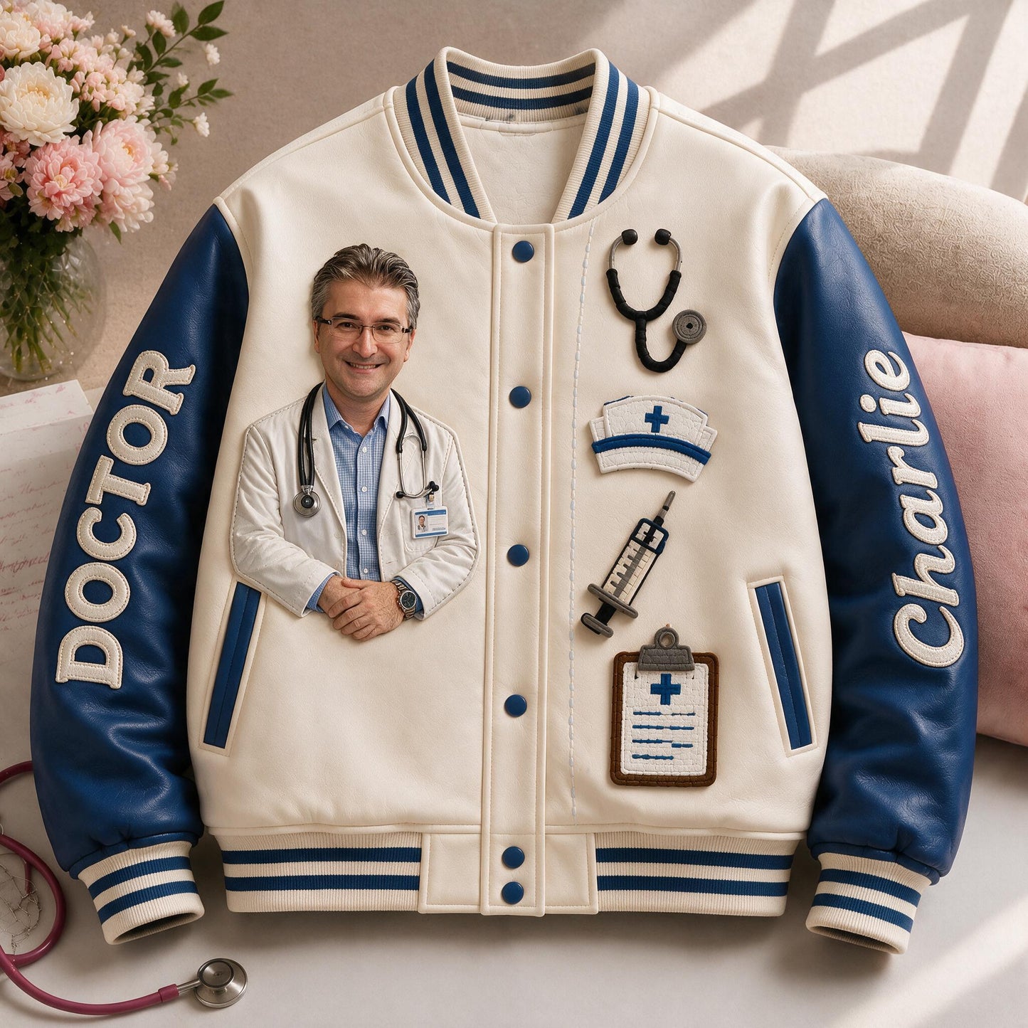 Personalized Latina Doctor Varsity Jacket, Unique Appreciation Gift For Medical Professional Casual Everyday Outerwear