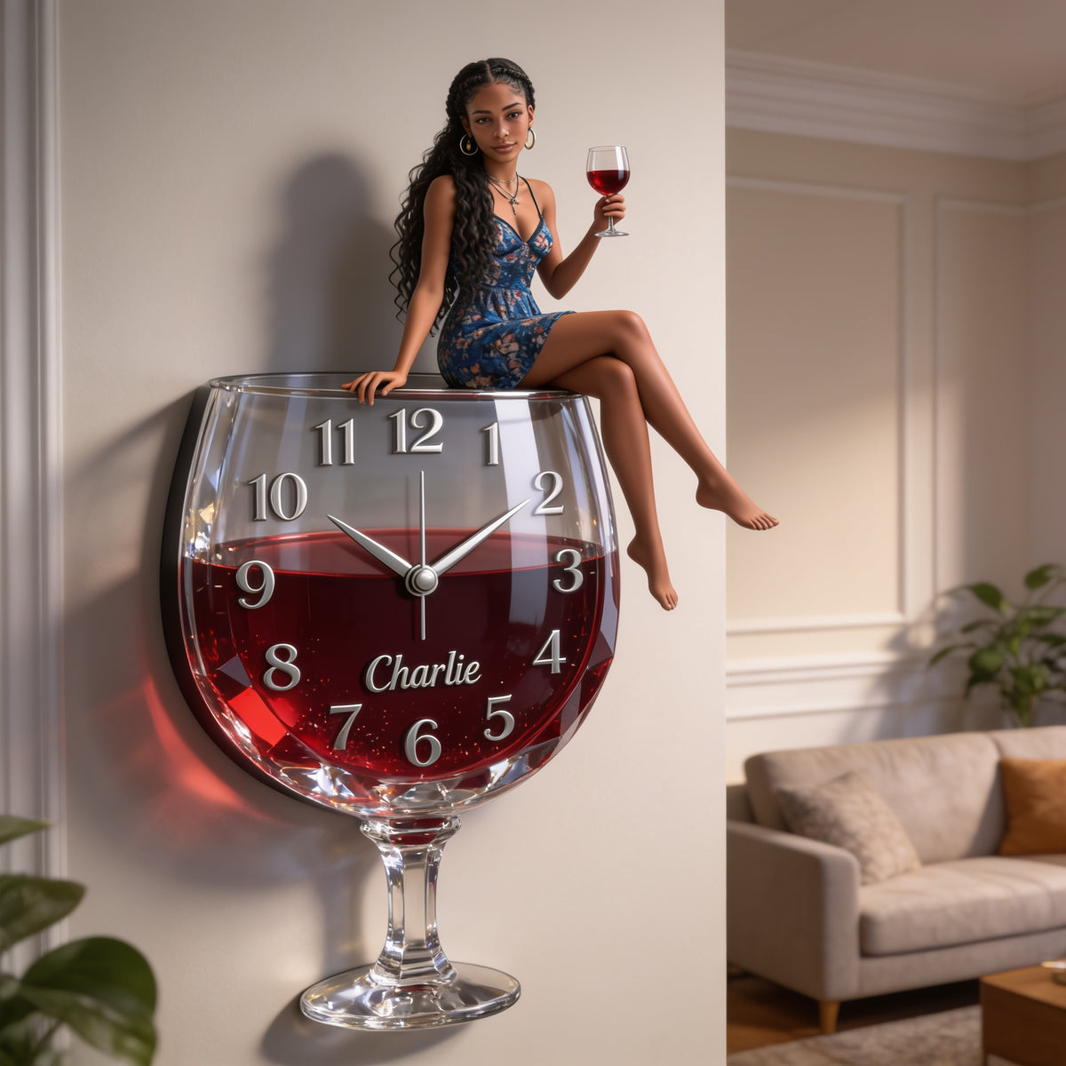 Personalized Wine Glass Shaped Acrylic Wall Clock, Elegant Latina Woman Wine Lover Themed Unique Home Decor Gift