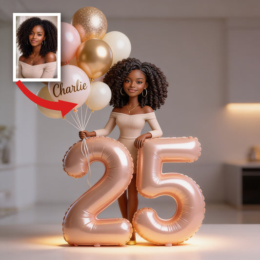 Personalisierte Geburtstags-Acrylplakette - Elegantes Porträt einer schwarzen Frau mit Ballons & individuellem Alter, einzigartiges Geschenk für sie