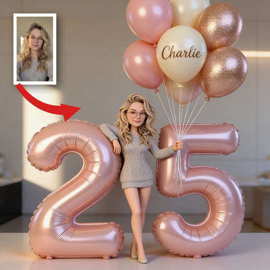 Personalisierte Acrylplakette zum Geburtstag, Frau mit Ballons & Alterszahl