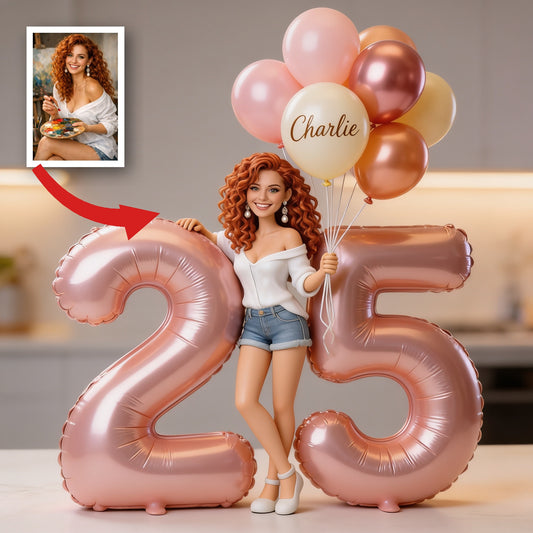 Personalisierte Geburtstag Acrylplakette in individueller Form, Erwachsene Latina mit lockigem roten Haar, Luftballons & individuellem Alter, einzigartiges Geschenk