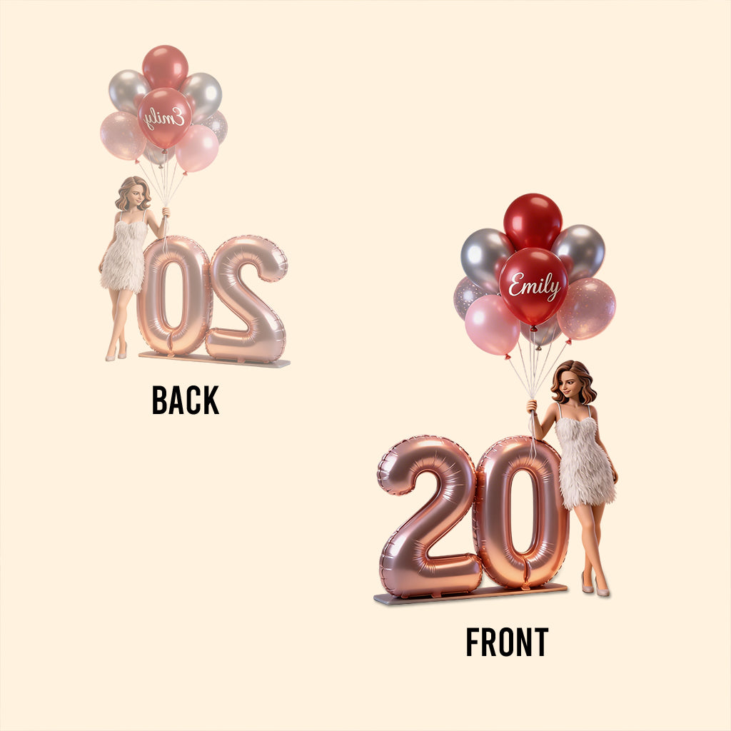 Personalized Birthday Custom Shaped Acrylic Plaque, Curly Red Hair Adult Latina Woman with Balloons & Custom Age Number, Unique Milestone Gift