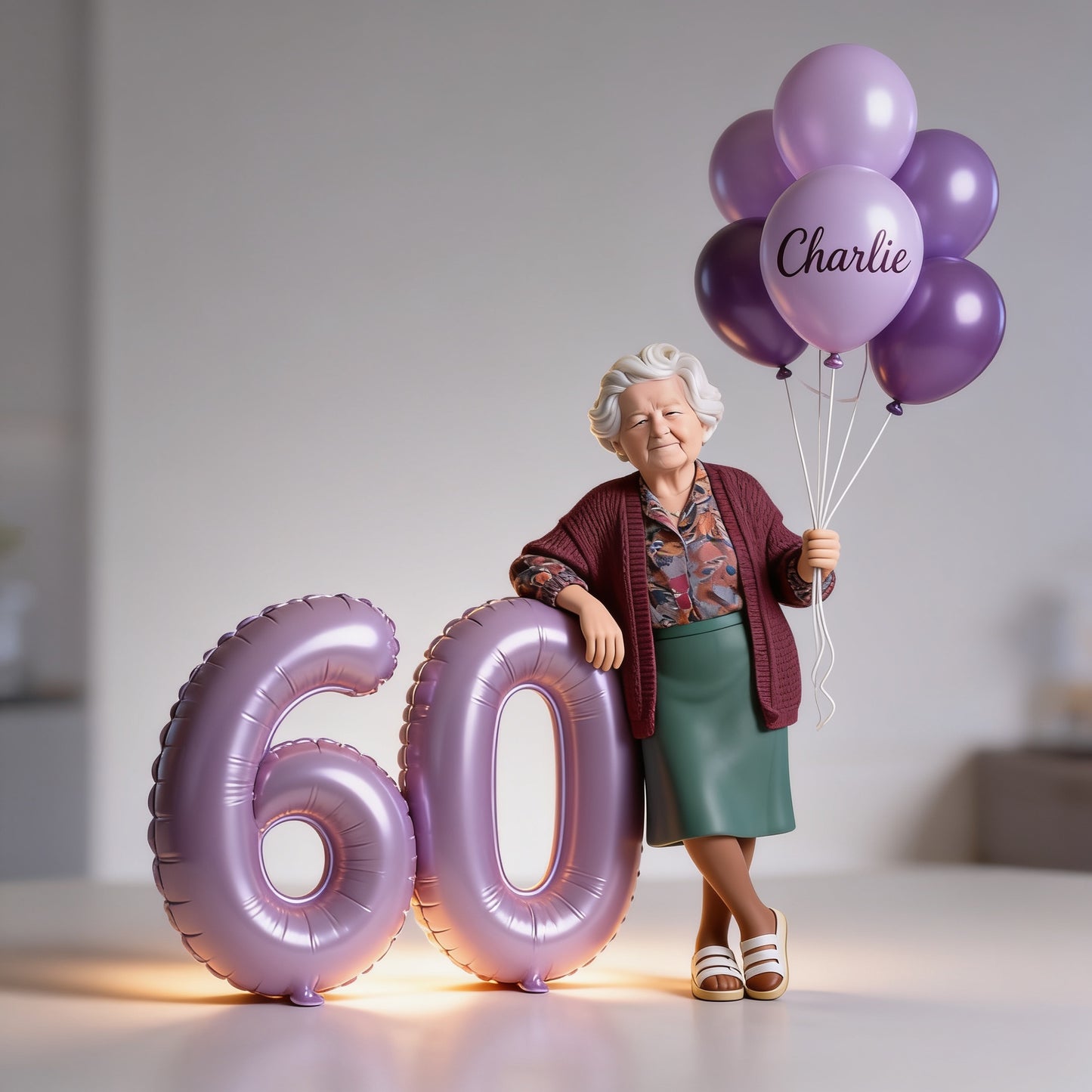 Personalized 60th Birthday Custom Shaped Acrylic Plaque, Older Woman with Balloons Custom Grandma Birthday Gift